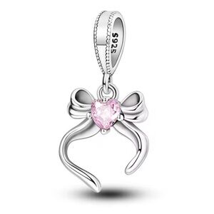MULA Sterling Silver Bow with Pink Gemstone Heart Charm